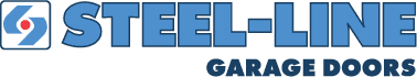A logo with "Steel-Line" in blue. "Garage Doors" is in blue below. A blue square with a red dot is on the left.