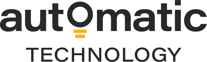 A logo with "automatic" and "technology" in black. An orange symbol is in the "O".