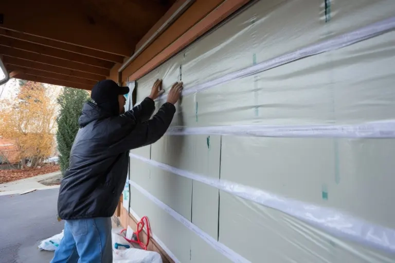 A person installs insulation on the exterior of a house.
